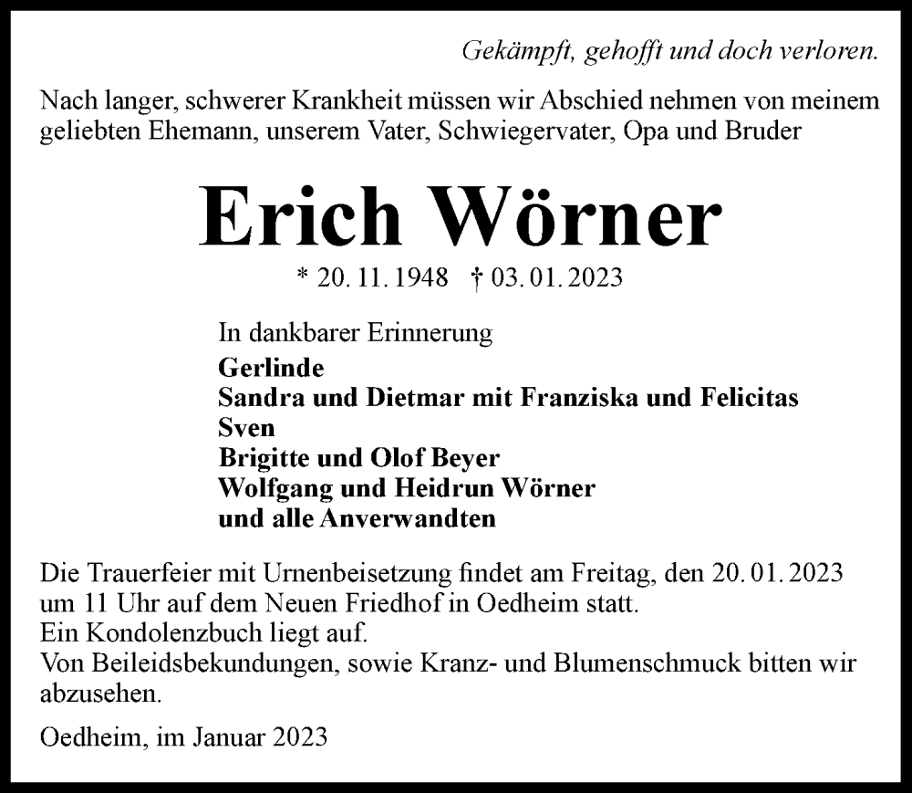  Traueranzeige für Erich Wörner vom 14.01.2023 aus GESAMT