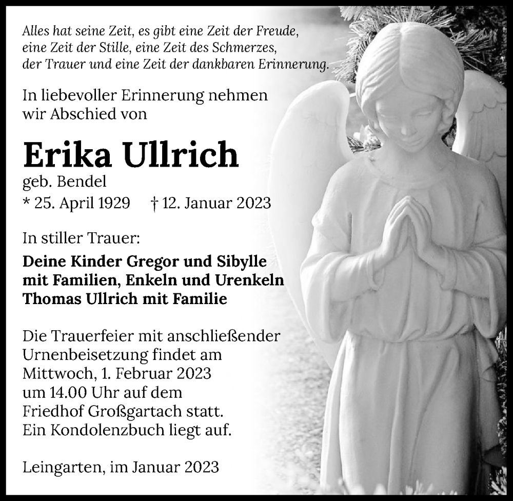  Traueranzeige für Erika Ullrich vom 25.01.2023 aus GESAMT