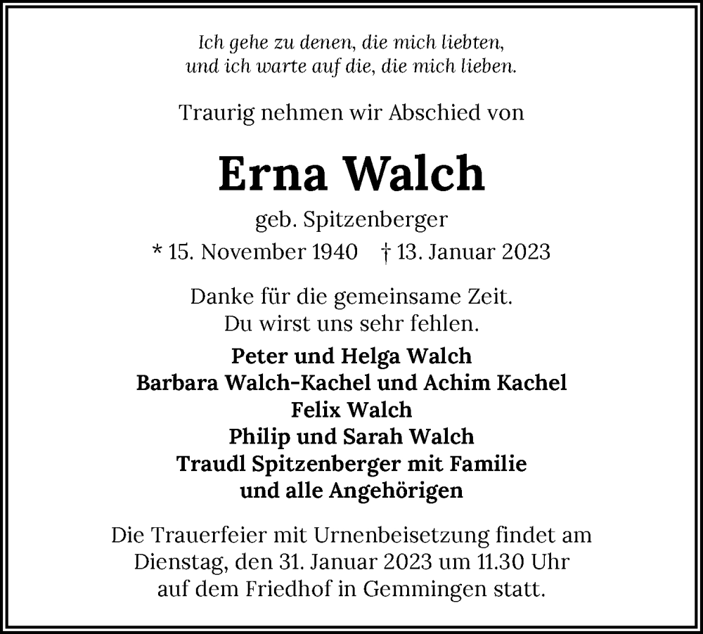  Traueranzeige für Erna Walch vom 24.01.2023 aus GESAMT
