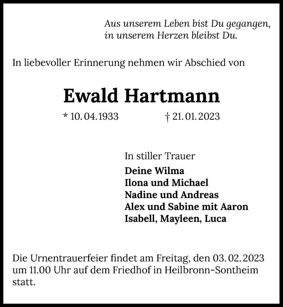 Traueranzeige für Ewald Hartmann vom 28.01.2023 aus GESAMT