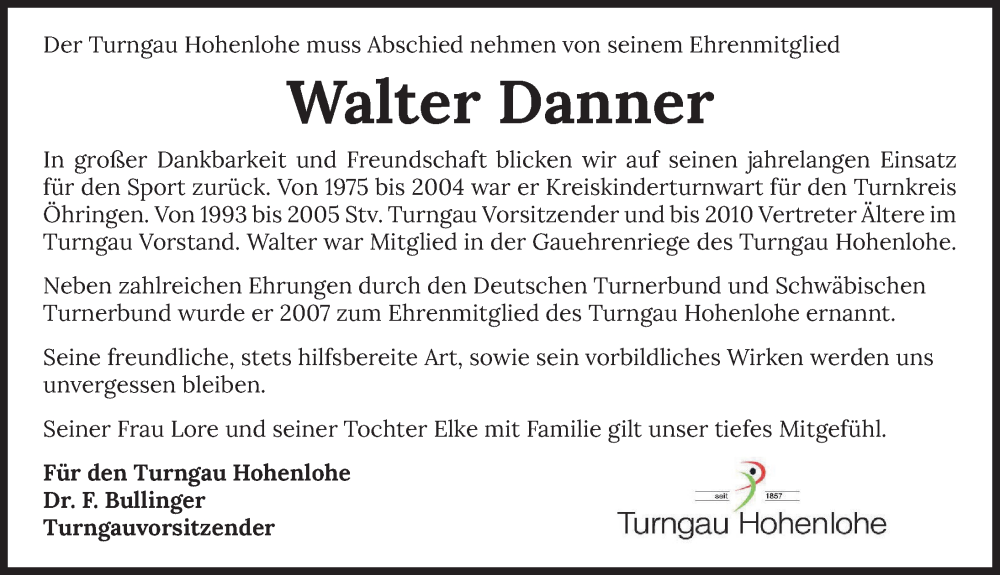  Traueranzeige für Walter Danner vom 31.01.2023 aus Gesamt