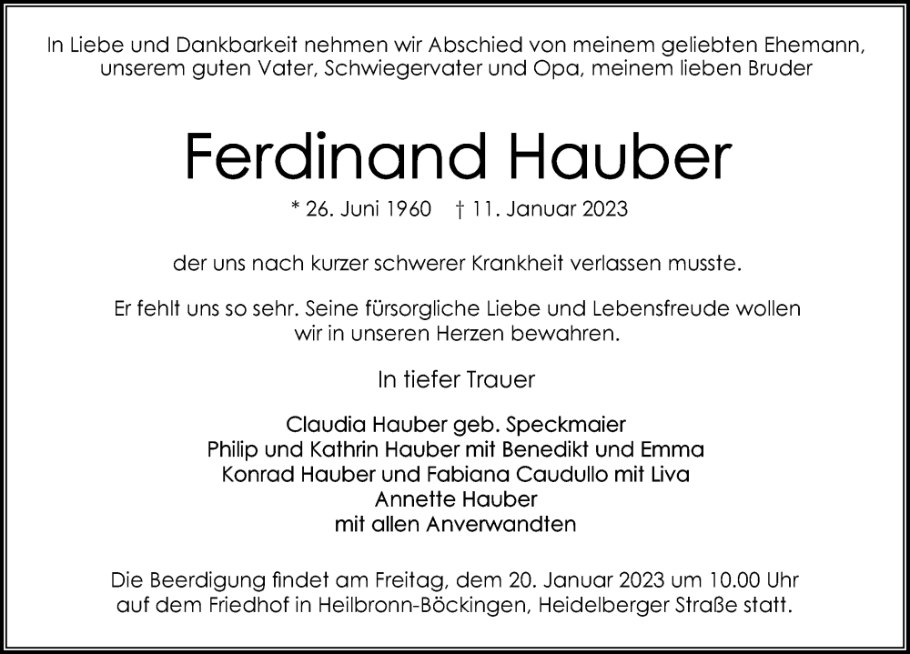  Traueranzeige für Ferdinand Hauber vom 14.01.2023 aus GESAMT