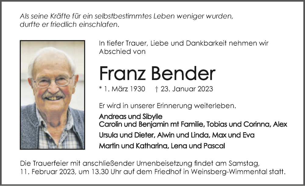  Traueranzeige für Franz Bender vom 28.01.2023 aus GESAMT