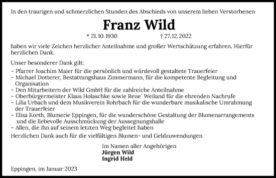 Traueranzeige von Franz Wild von GESAMT