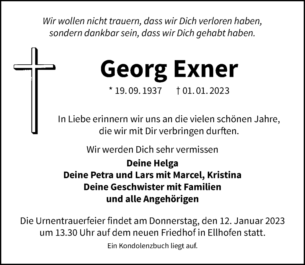  Traueranzeige für Georg Exner vom 07.01.2023 aus GESAMT