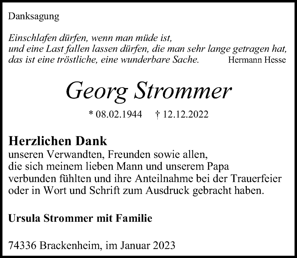  Traueranzeige für Georg Strommer vom 07.01.2023 aus GESAMT
