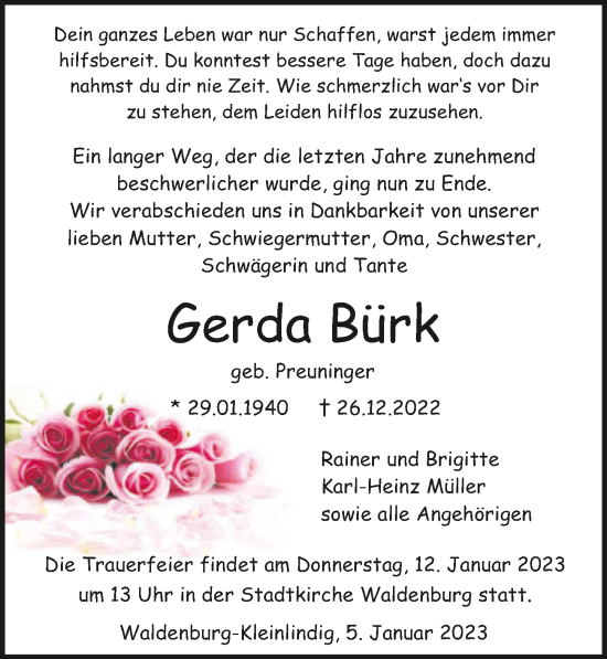 Traueranzeige von Gerda Bürk von GESAMT
