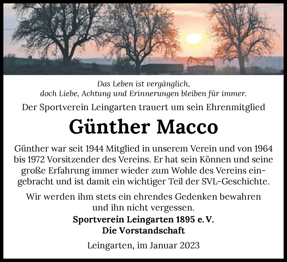  Traueranzeige für Günther Macco vom 21.01.2023 aus GESAMT