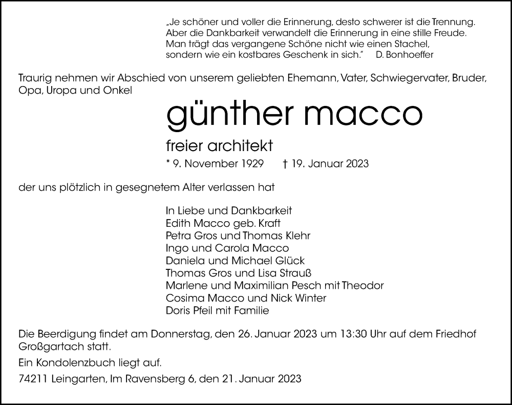  Traueranzeige für Günther Macco vom 21.01.2023 aus GESAMT