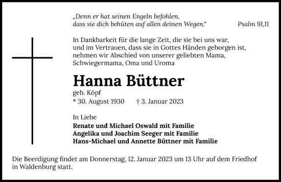 Traueranzeige von Hanna Büttner von GESAMT