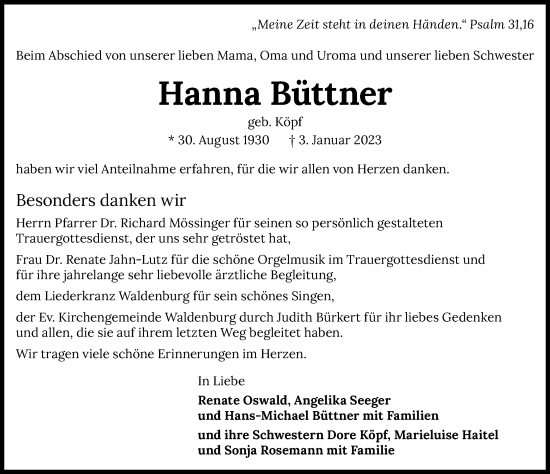 Traueranzeige von Hanna Büttner von GESAMT