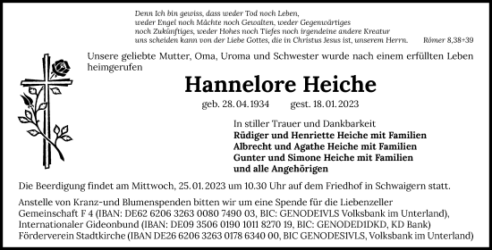 Traueranzeige von Hannelore Heiche von GESAMT