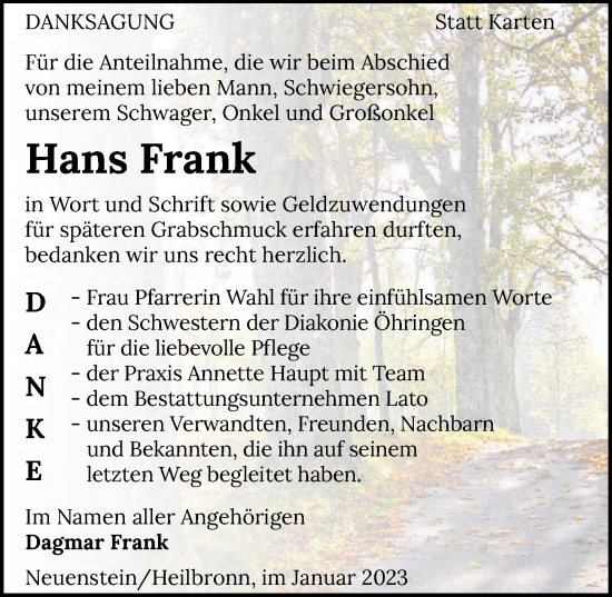 Traueranzeige von Hans Frank von GESAMT