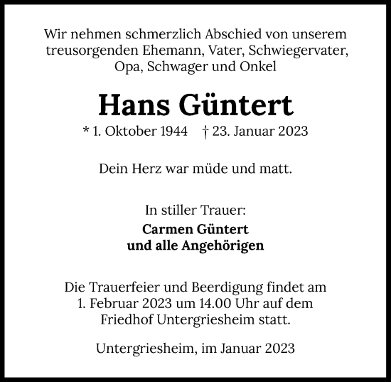 Traueranzeige von Hans Güntert von GESAMT