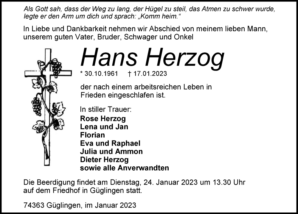  Traueranzeige für Hans Herzog vom 21.01.2023 aus GESAMT