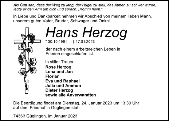 Traueranzeige von Hans Herzog von GESAMT