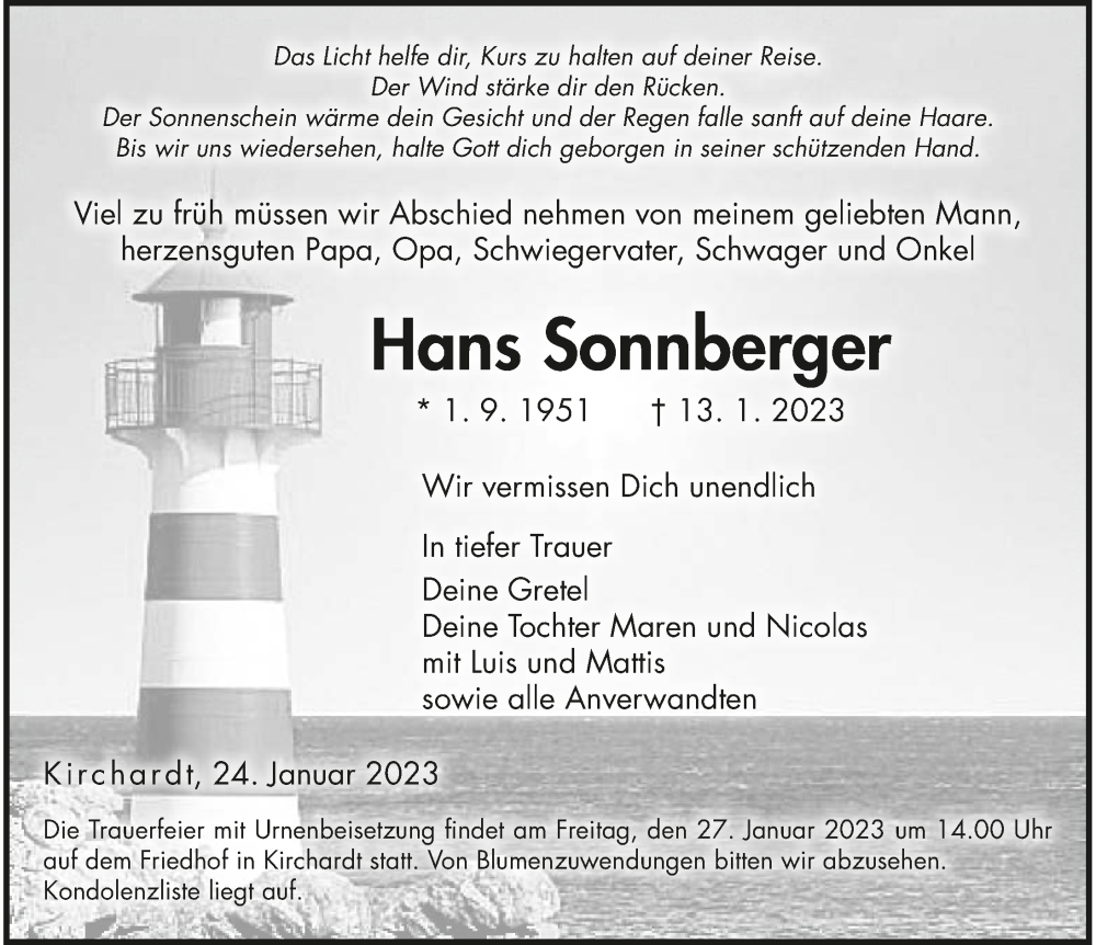  Traueranzeige für Hans Sonnberger vom 24.01.2023 aus GESAMT