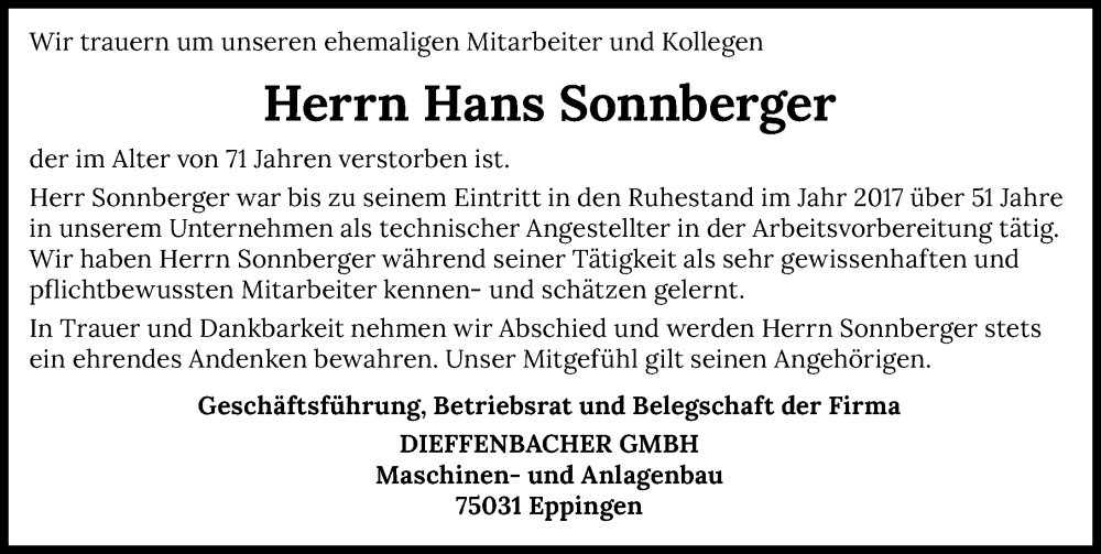  Traueranzeige für Hans Sonnberger vom 24.01.2023 aus GESAMT