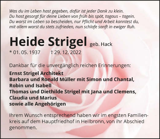 Traueranzeige von Heide Strigel von GESAMT