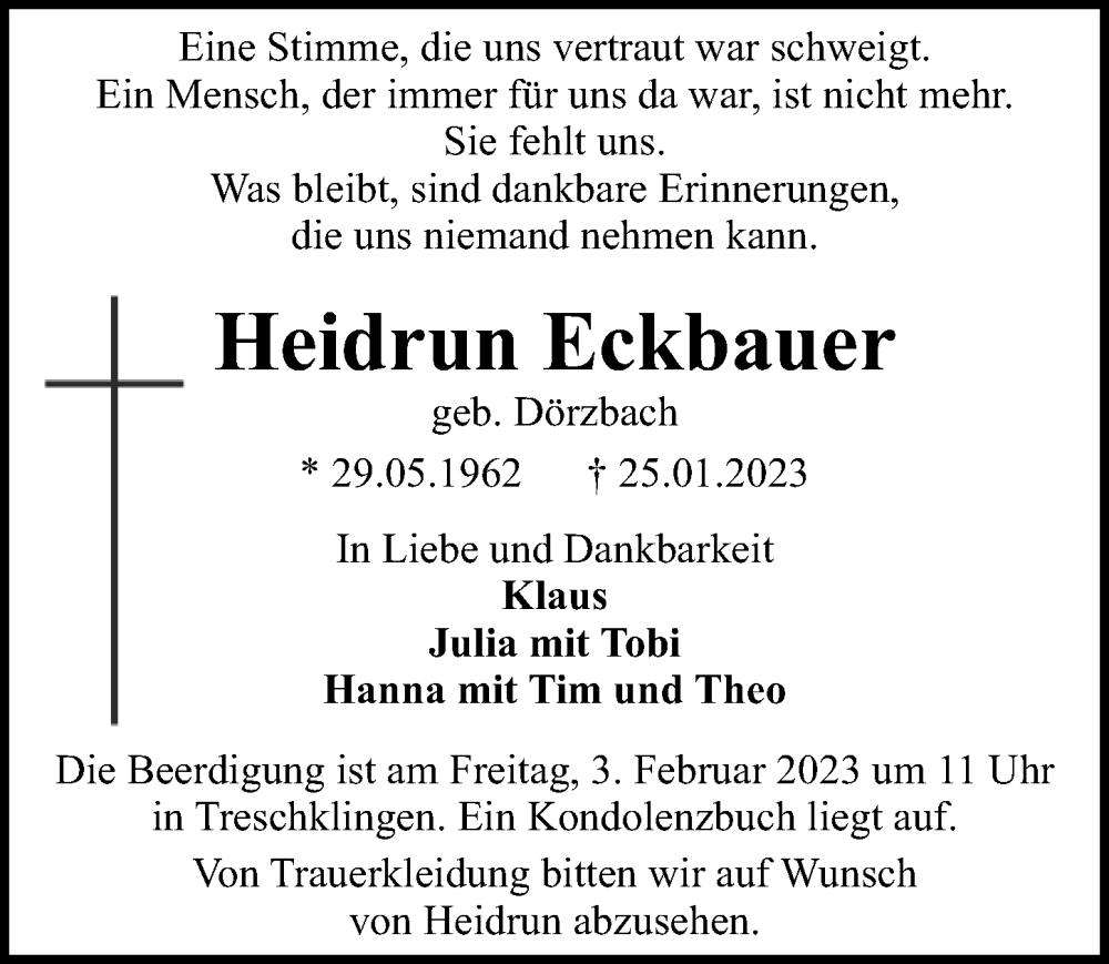  Traueranzeige für Heidrun Eckbauer vom 01.02.2023 aus GESAMT