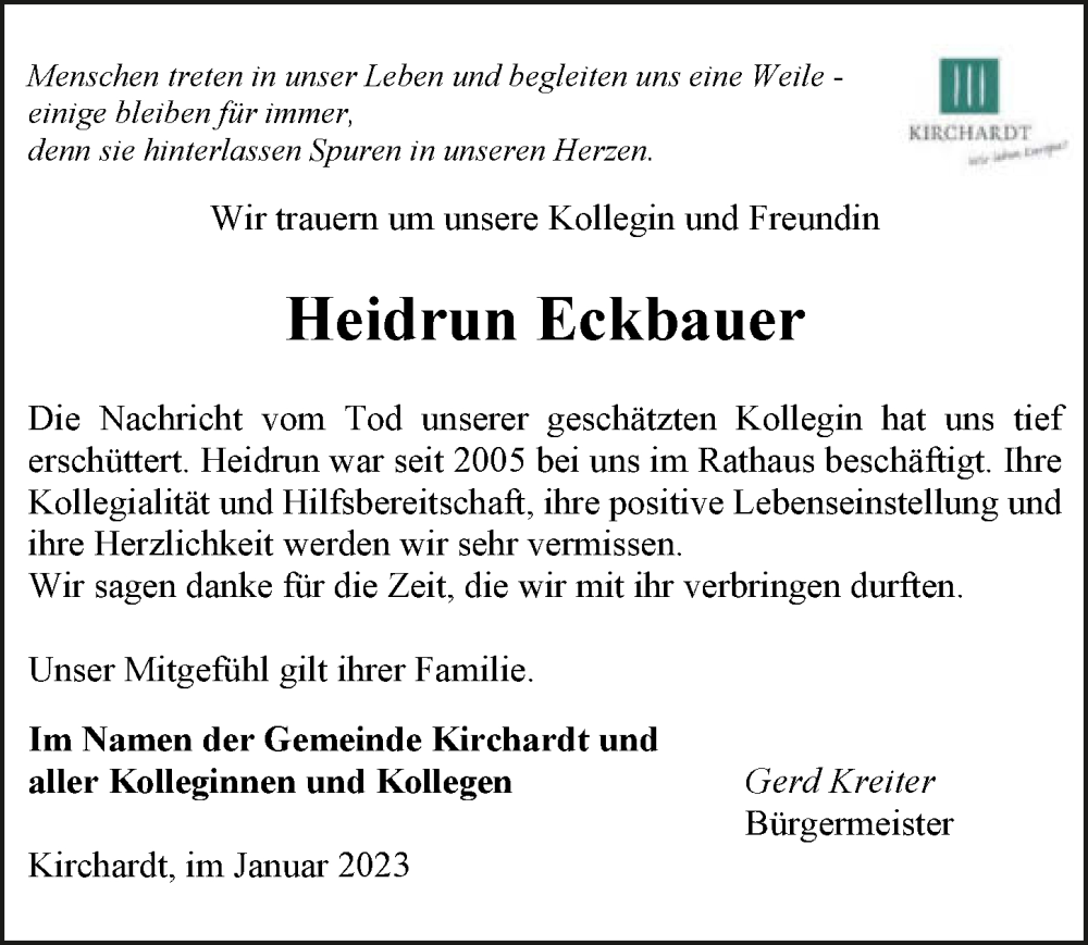  Traueranzeige für Heidrun Eckbauer vom 01.02.2023 aus GESAMT