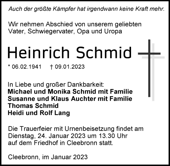Traueranzeige von Heinrich Schmid von GESAMT