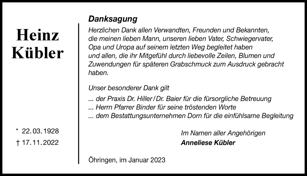  Traueranzeige für Heinz Kübler vom 07.01.2023 aus GESAMT