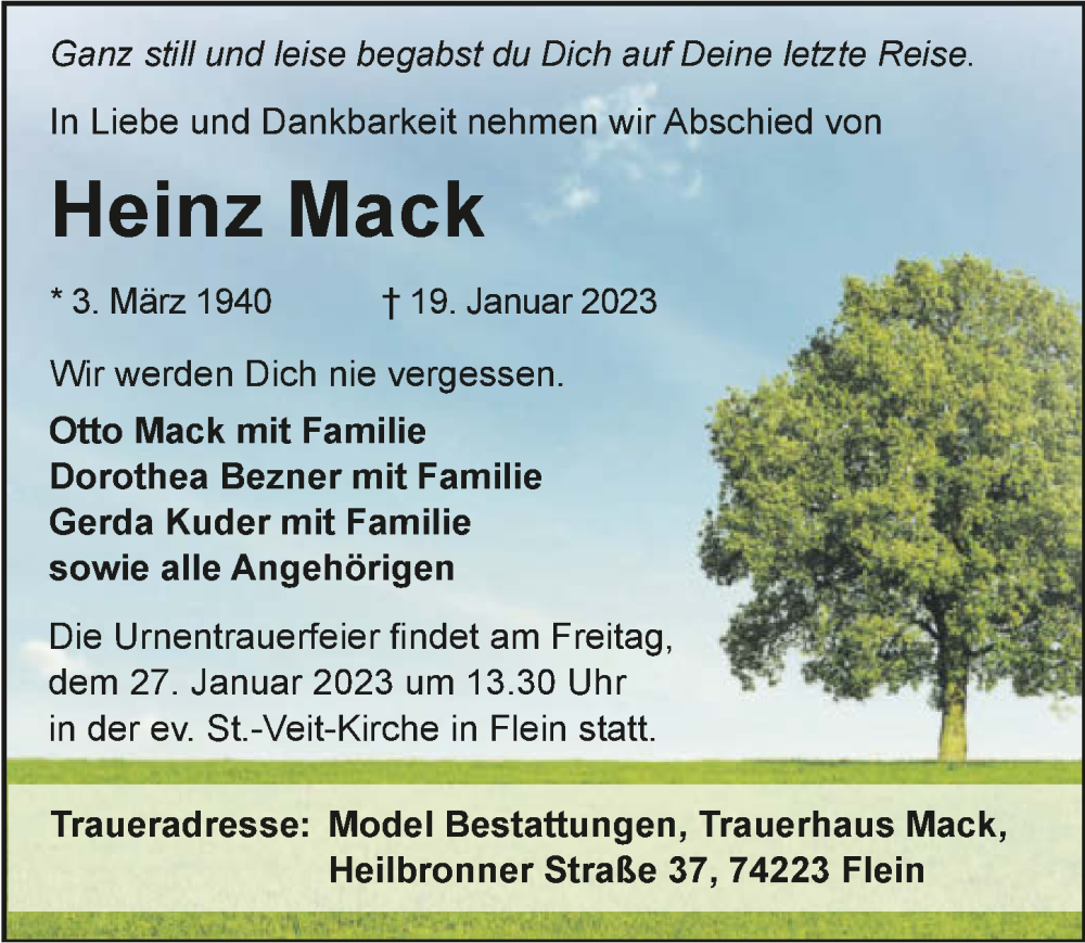  Traueranzeige für Heinz Mack vom 25.01.2023 aus GESAMT