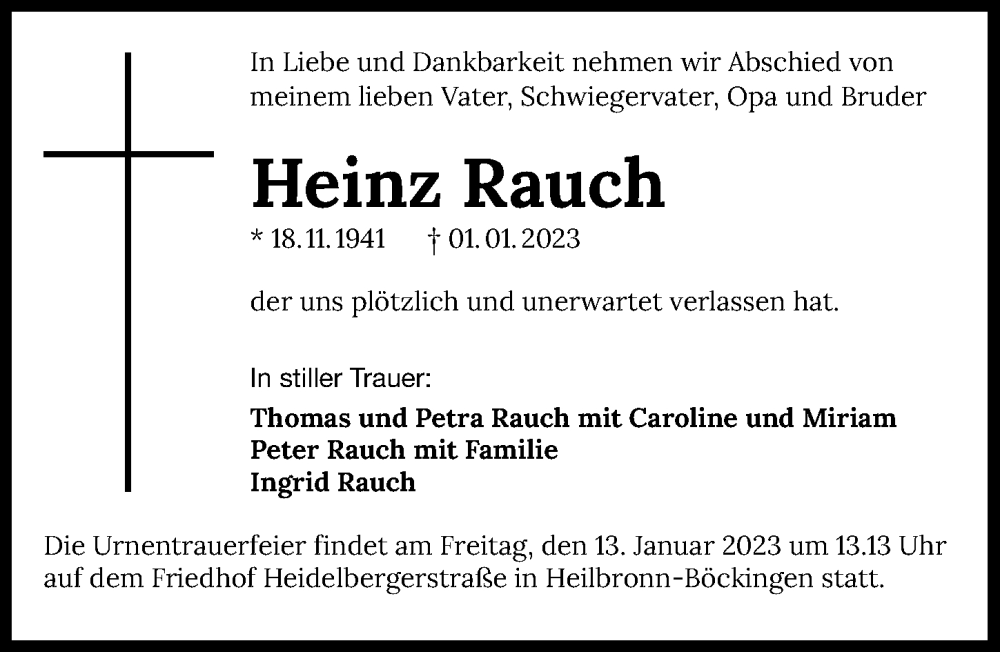  Traueranzeige für Heinz Rauch vom 07.01.2023 aus GESAMT
