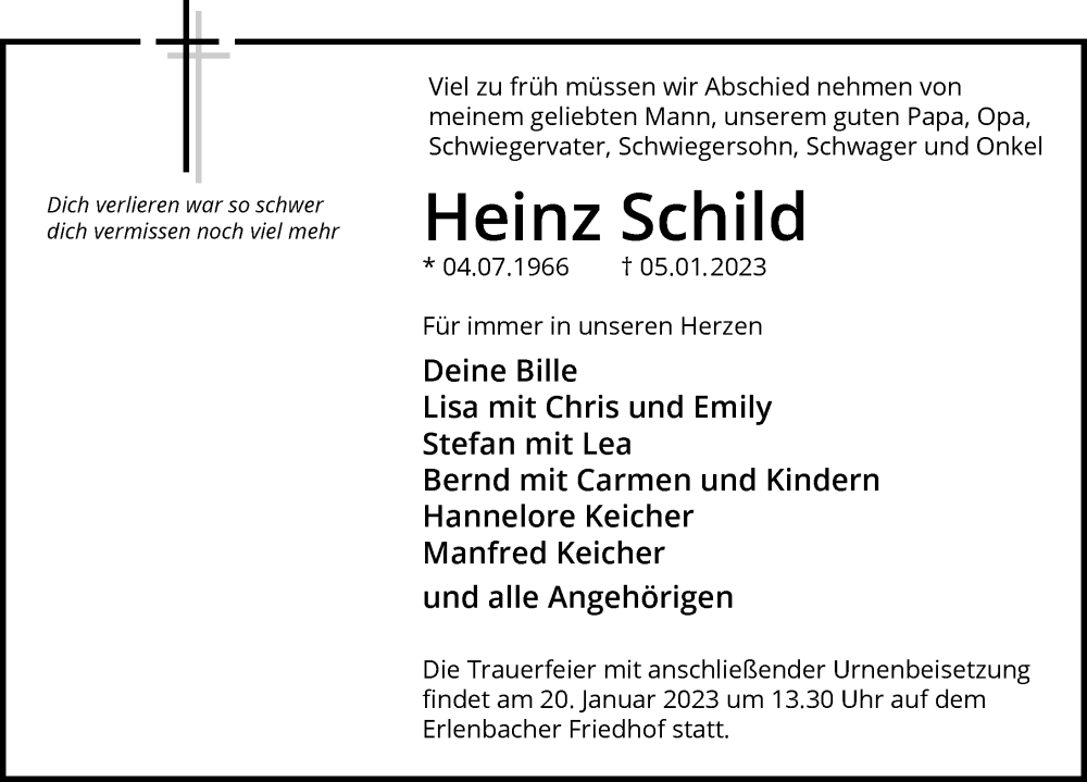  Traueranzeige für Heinz Schild vom 17.01.2023 aus GESAMT