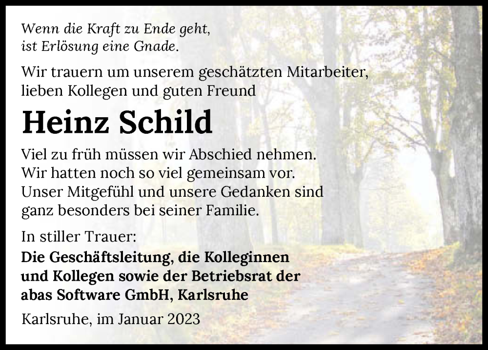  Traueranzeige für Heinz Schild vom 17.01.2023 aus GESAMT