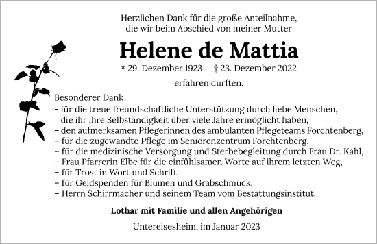 Traueranzeige von Helene de Mattia von GESAMT