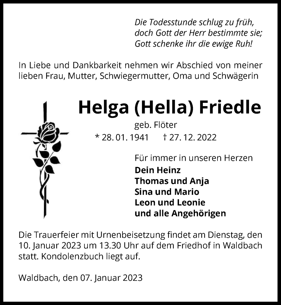  Traueranzeige für Helga Friedle vom 07.01.2023 aus GESAMT