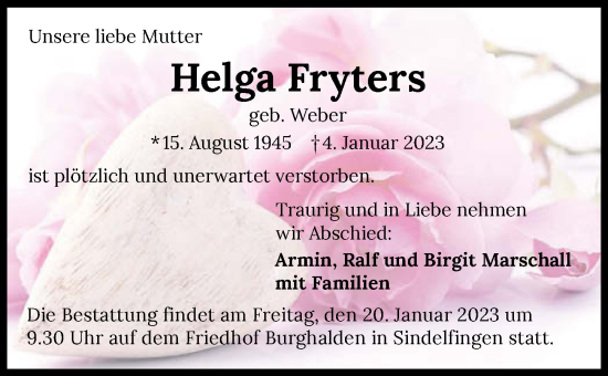 Traueranzeige von Helga Fryters von GESAMT