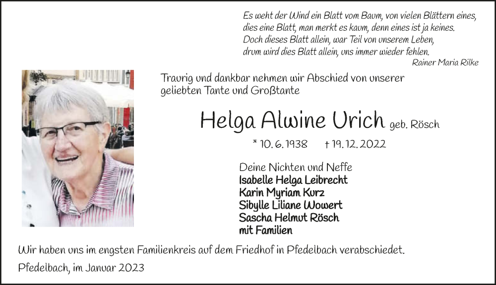  Traueranzeige für Helga Alwine Urich vom 28.01.2023 aus GESAMT
