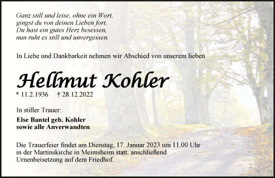 Traueranzeige von Hellmut Kohler von GESAMT