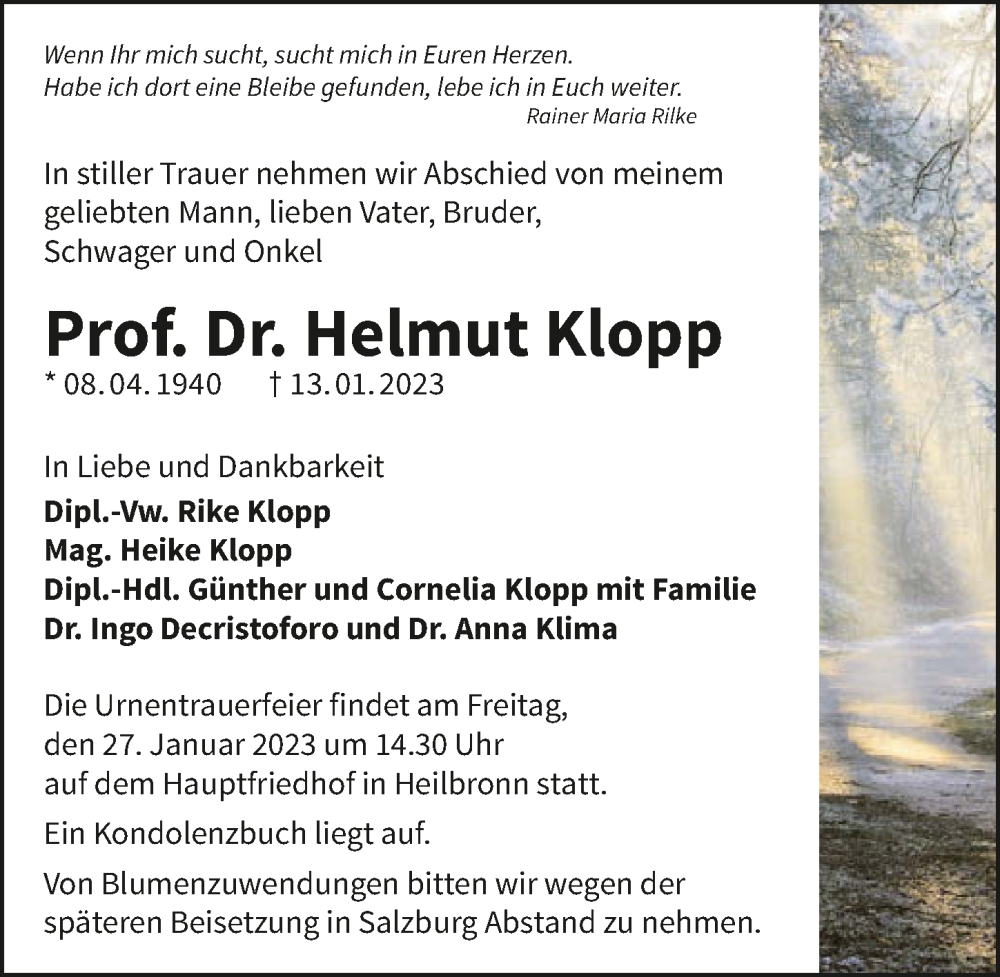  Traueranzeige für Helmut Klopp vom 21.01.2023 aus GESAMT