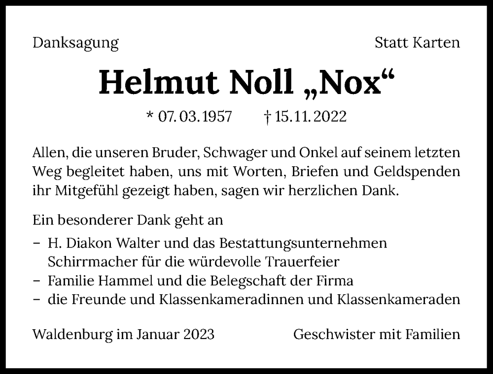  Traueranzeige für Helmut Noll vom 11.01.2023 aus GESAMT