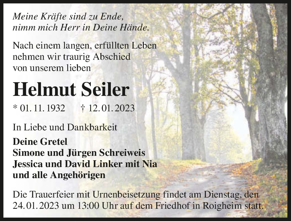  Traueranzeige für Helmut Seiler vom 20.01.2023 aus GESAMT
