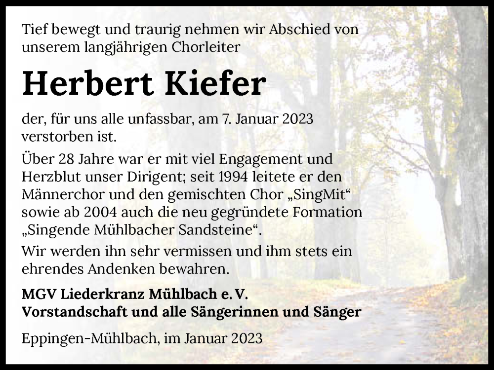  Traueranzeige für Herbert Kiefer vom 17.01.2023 aus GESAMT