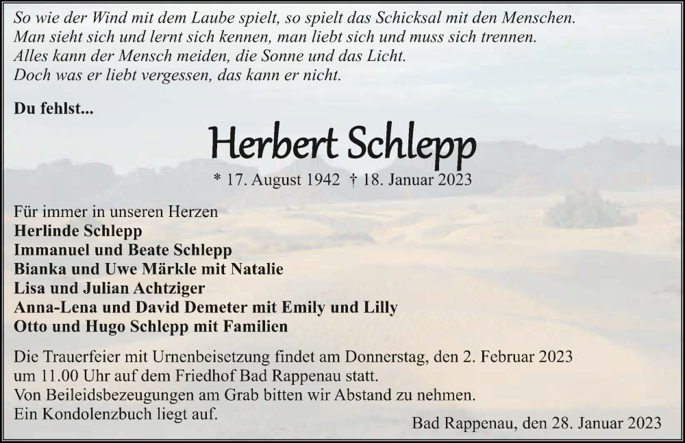  Traueranzeige für Herbert Schlepp vom 28.01.2023 aus GESAMT
