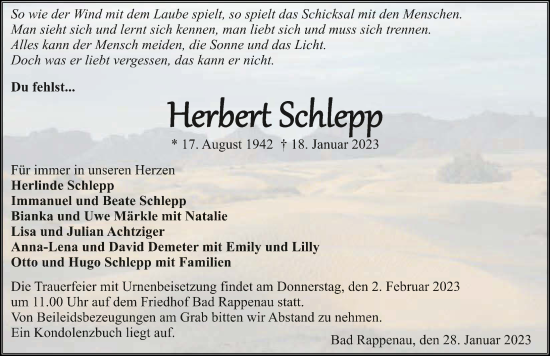 Traueranzeige von Herbert Schlepp von GESAMT
