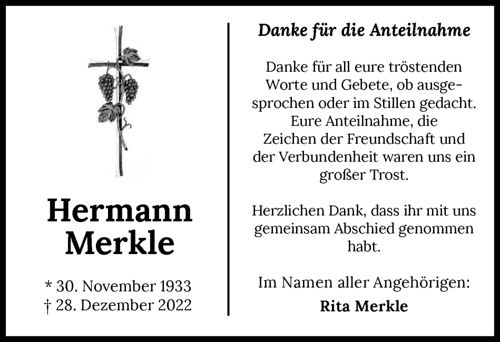 Traueranzeige für Hermann Merkle vom 17.01.2023 aus GESAMT