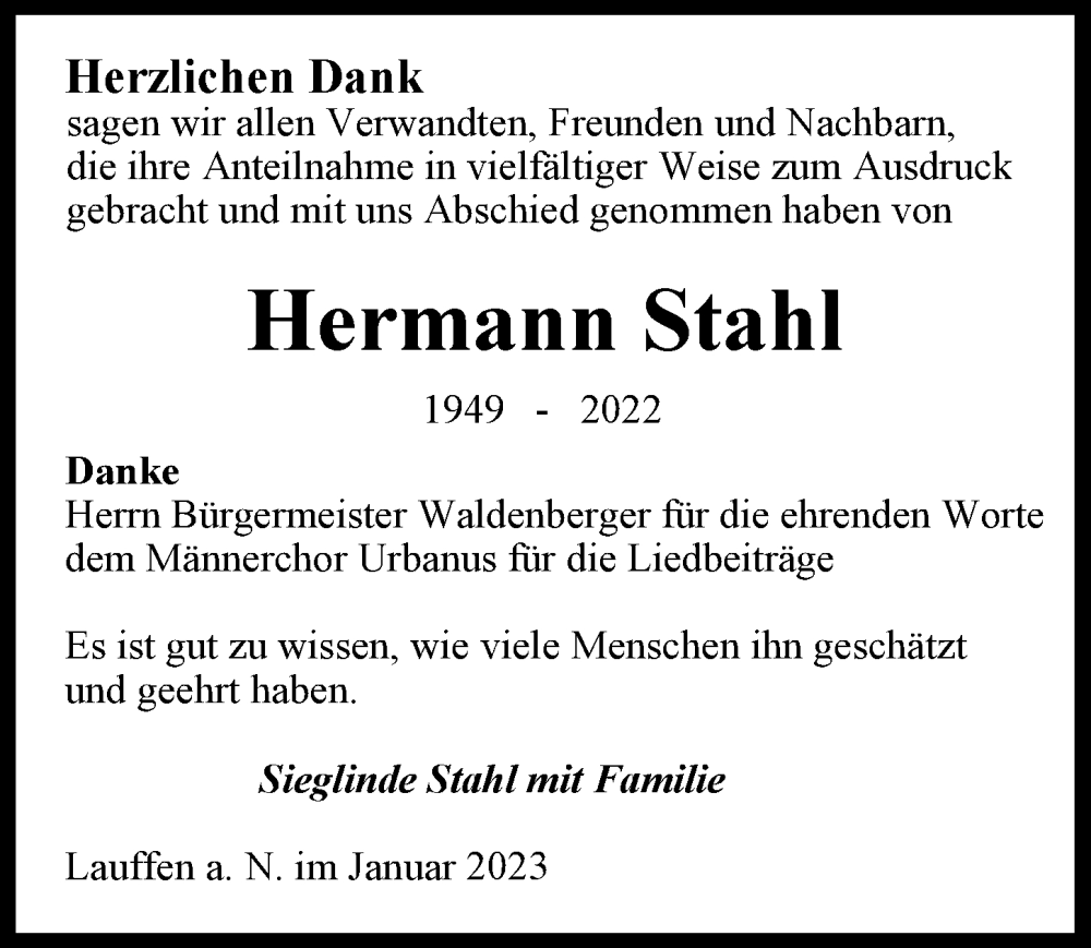  Traueranzeige für Hermann Stahl vom 18.01.2023 aus GESAMT