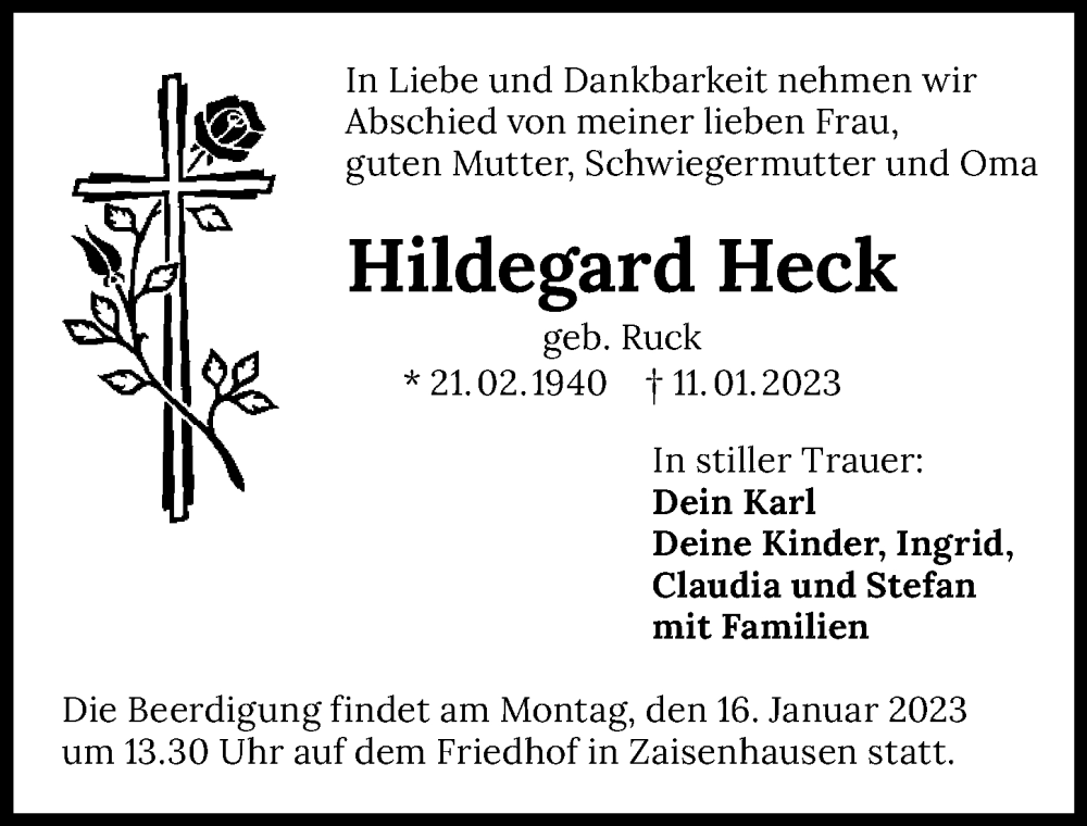  Traueranzeige für Hildegard Heck vom 13.01.2023 aus GESAMT