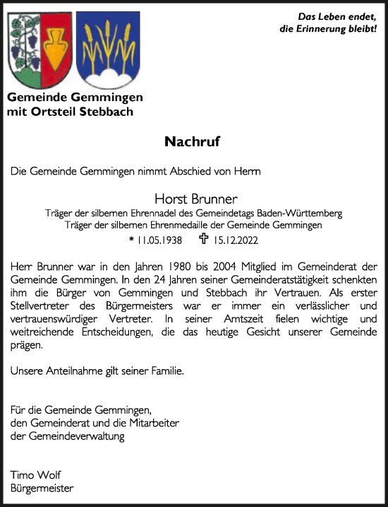 Traueranzeige von Horst Brunner von GESAMT