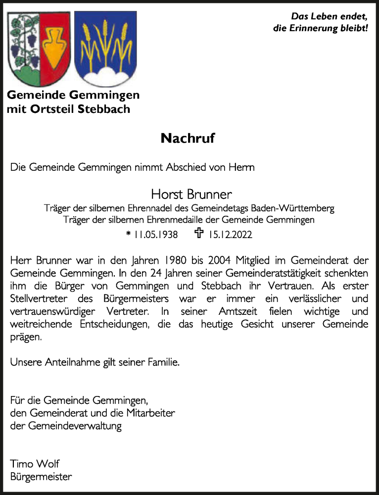  Traueranzeige für Horst Brunner vom 04.01.2023 aus GESAMT