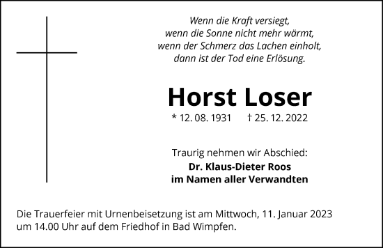 Traueranzeige von Horst Loser von GESAMT