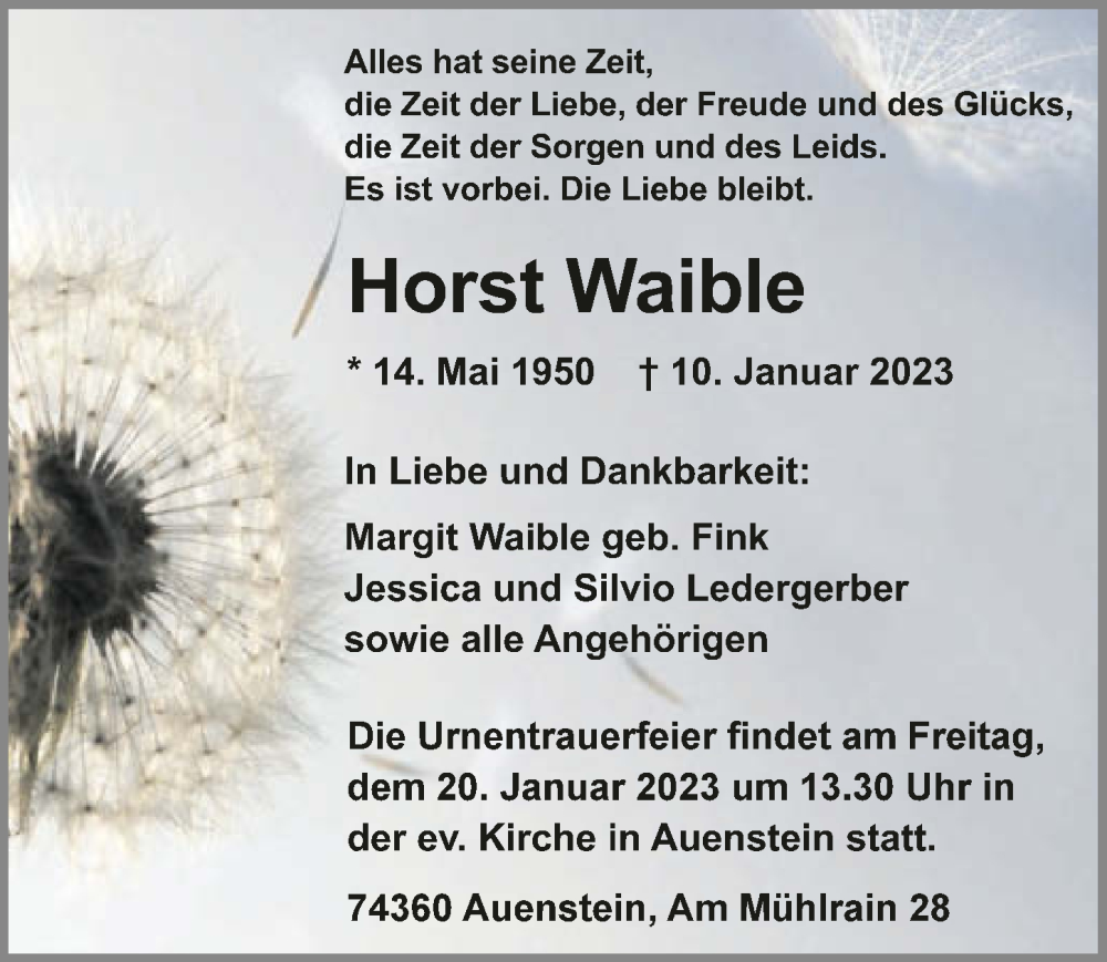  Traueranzeige für Horst Waible vom 14.01.2023 aus GESAMT