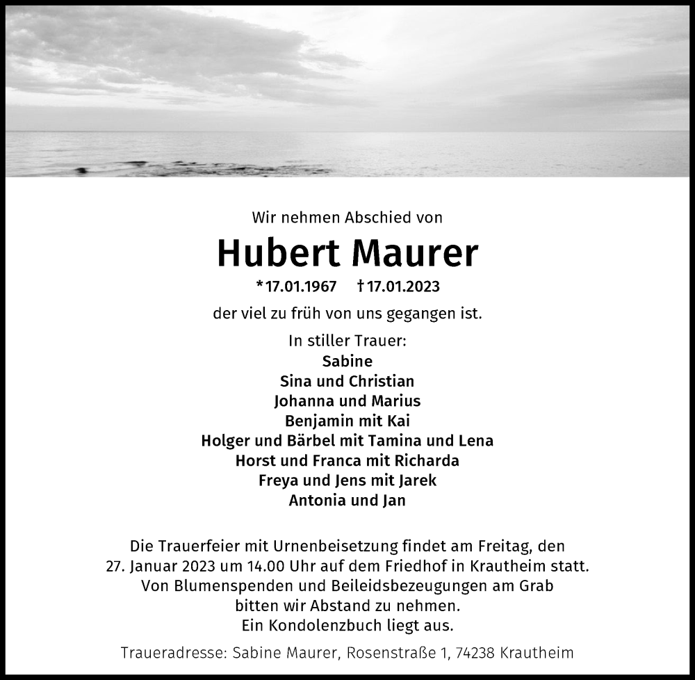 Traueranzeige für Hubert Maurer vom 24.01.2023 aus GESAMT